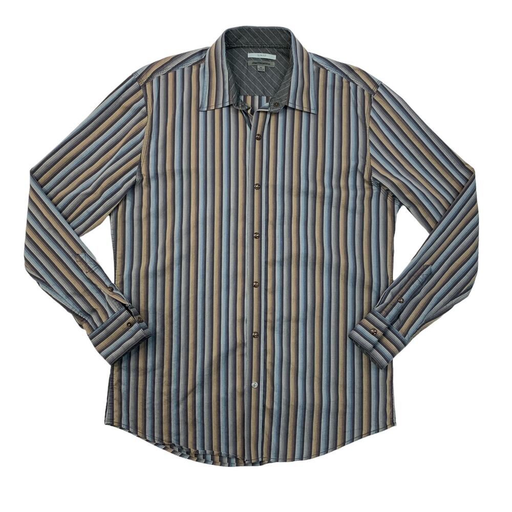 Johnston & Murphy Shirt Mens M Medium SLIM Fit Grey Striped Snap Button Dress